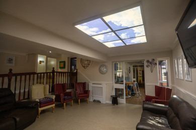 Main communal lounge with sky ceiling feature